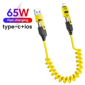 65W 4 in 1 Spring Short Data Cable 6A USB Type C